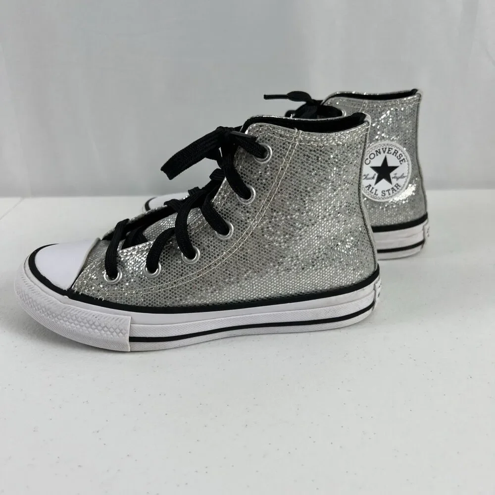 Silver Glitter Bling Converse Hi Top ￼Shoes Sneakers Girls Youth Size 12